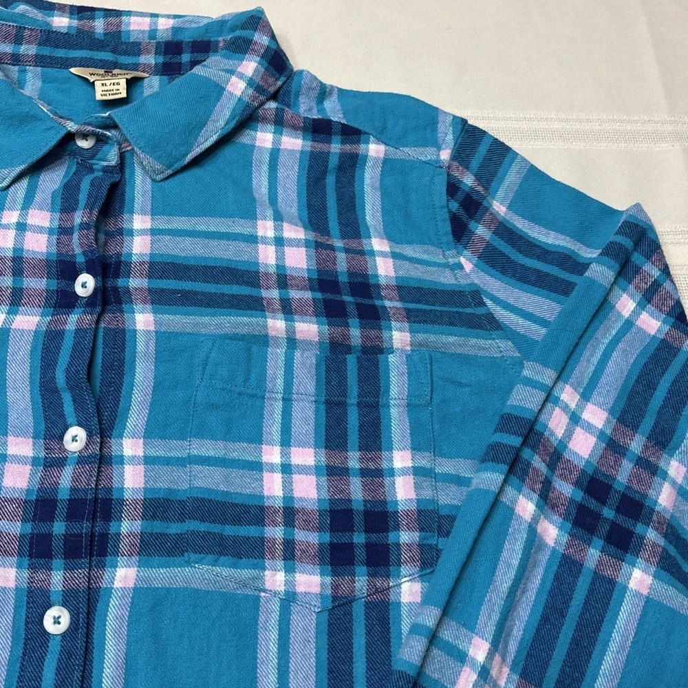 Woolrich Plaid Flannel Shirt Women's XLarge Long Sleeve Blue Pink Warm Pockets